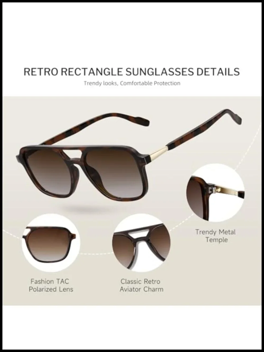 Retro Aviator Polarized Sunglasses UV Protection Trendy Vintage Rectangle Shades